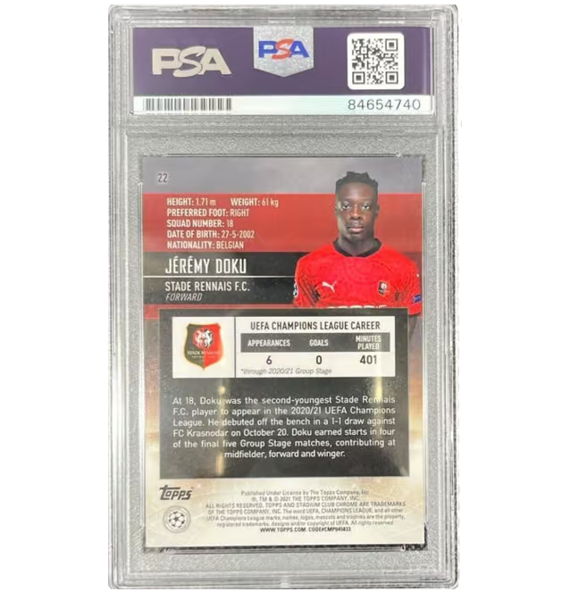 Jeremy Doku Signed 2020-21 Topps Stadium Club Chrome Rookie #22 – PSA Authentic